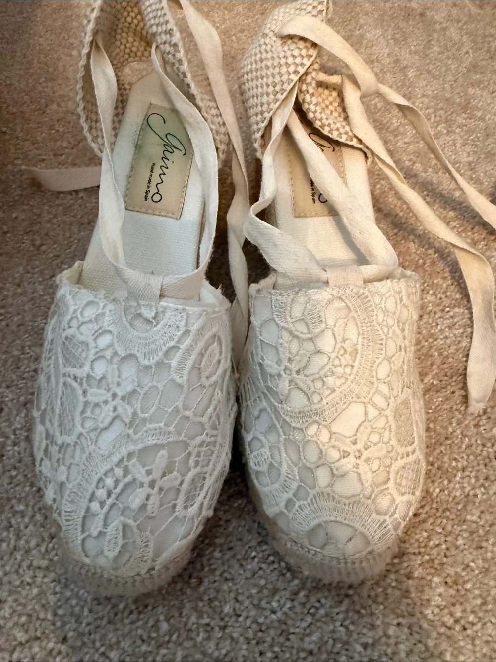 Gaimo hand made Lace Ankle-Tie Espadrille Wedges in Cream